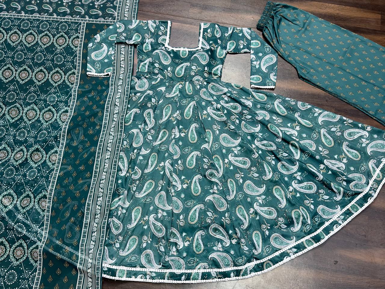 Party Wear Green Color Maslin Fabric Digital Print Work Anarkali Suit