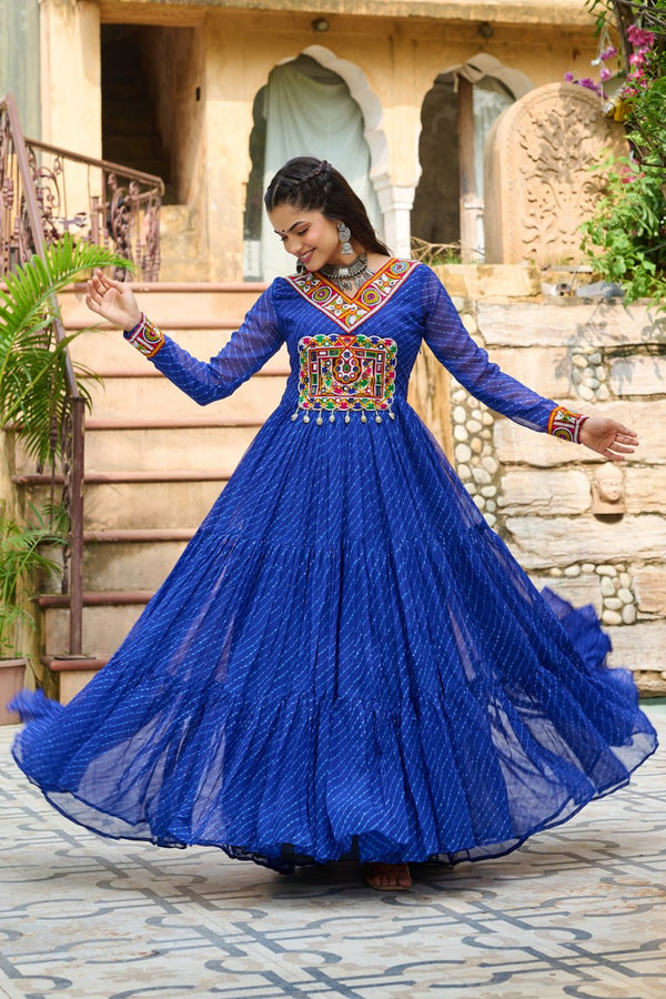 Traditional Wear Blue Color Faux Georgette With Laheriya Printed Kutchi Patchwork Navratri Gown