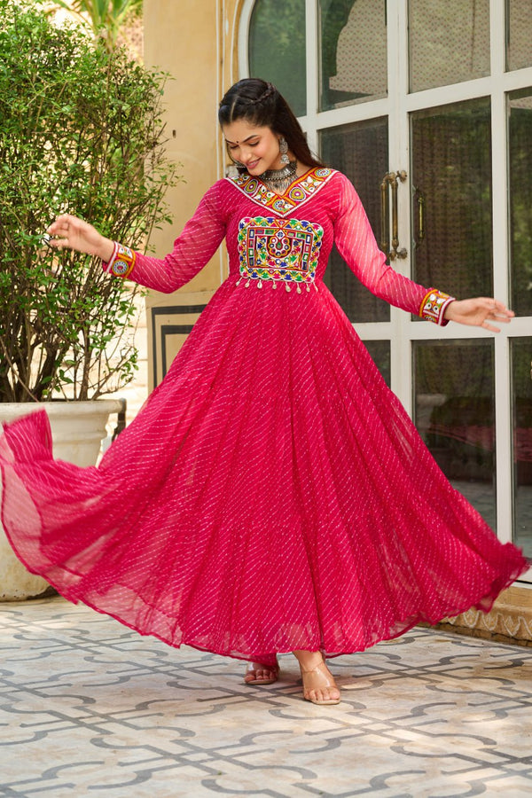 Traditional Wear Pink Color Faux Georgette With Laheriya Printed Kutchi Patchwork Navratri Gown