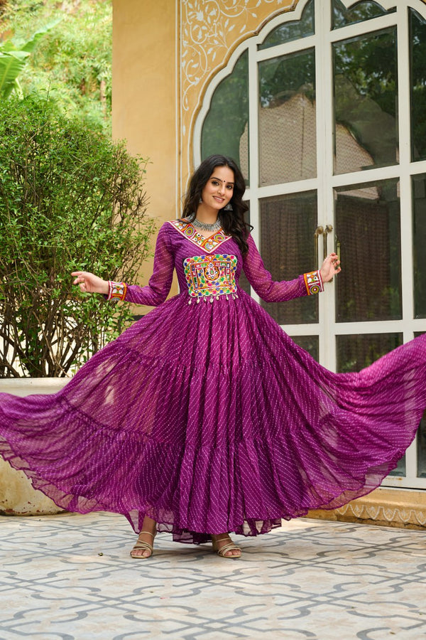 Traditional Wear Wine Color Faux Georgette With Laheriya Printed Kutchi Patchwork Navratri Gown