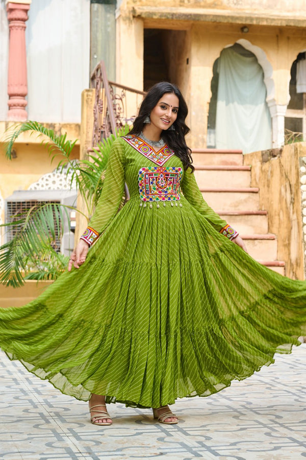Traditional Wear Green Color Faux Georgette With Laheriya Printed Kutchi Patchwork Navratri Gown