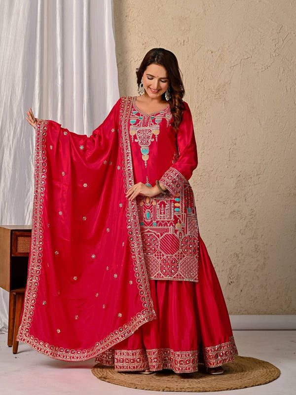 Party Wear Red Color Chinnon Silk With  Sequence Embroidery Work Sharara Suit