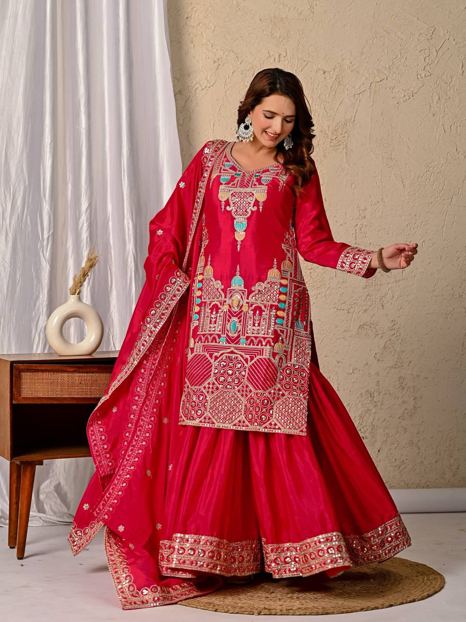 Party Wear Red Color Chinnon Silk With  Sequence Embroidery Work Sharara Suit