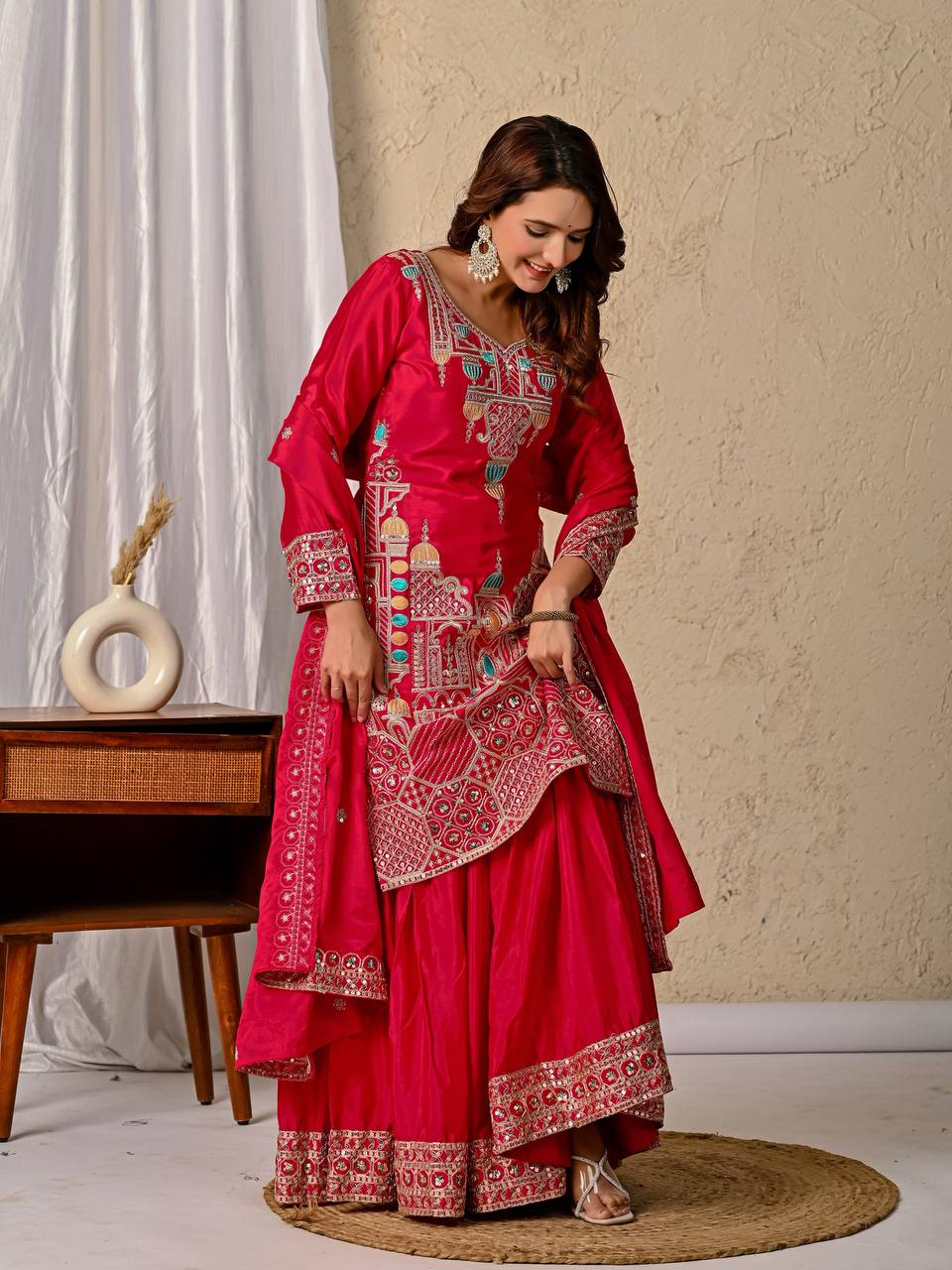Party Wear Red Color Chinnon Silk With  Sequence Embroidery Work Sharara Suit