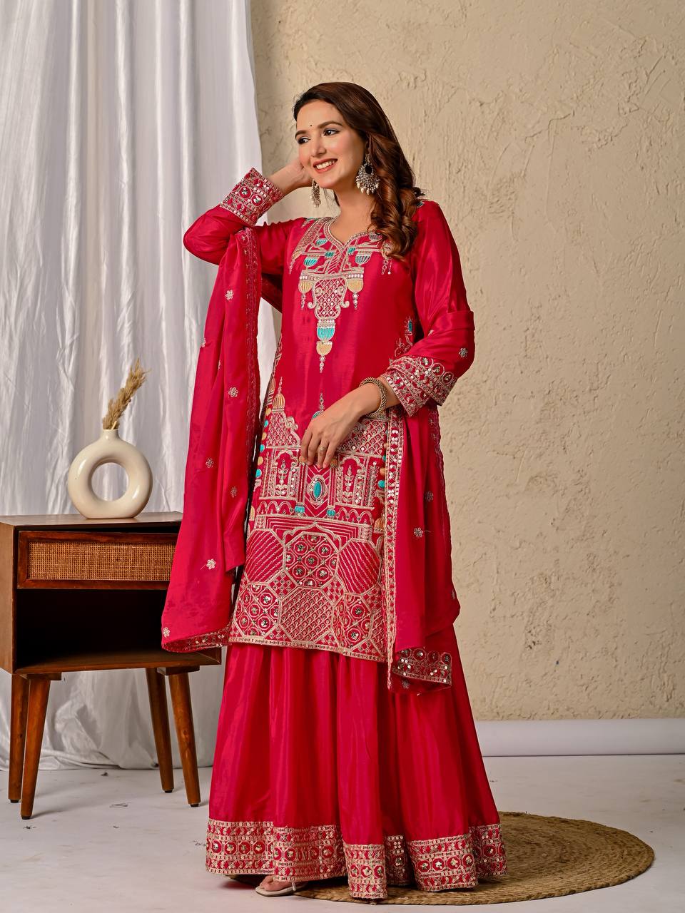 Party Wear Red Color Chinnon Silk With  Sequence Embroidery Work Sharara Suit