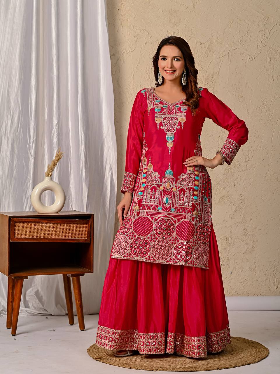Party Wear Red Color Chinnon Silk With  Sequence Embroidery Work Sharara Suit