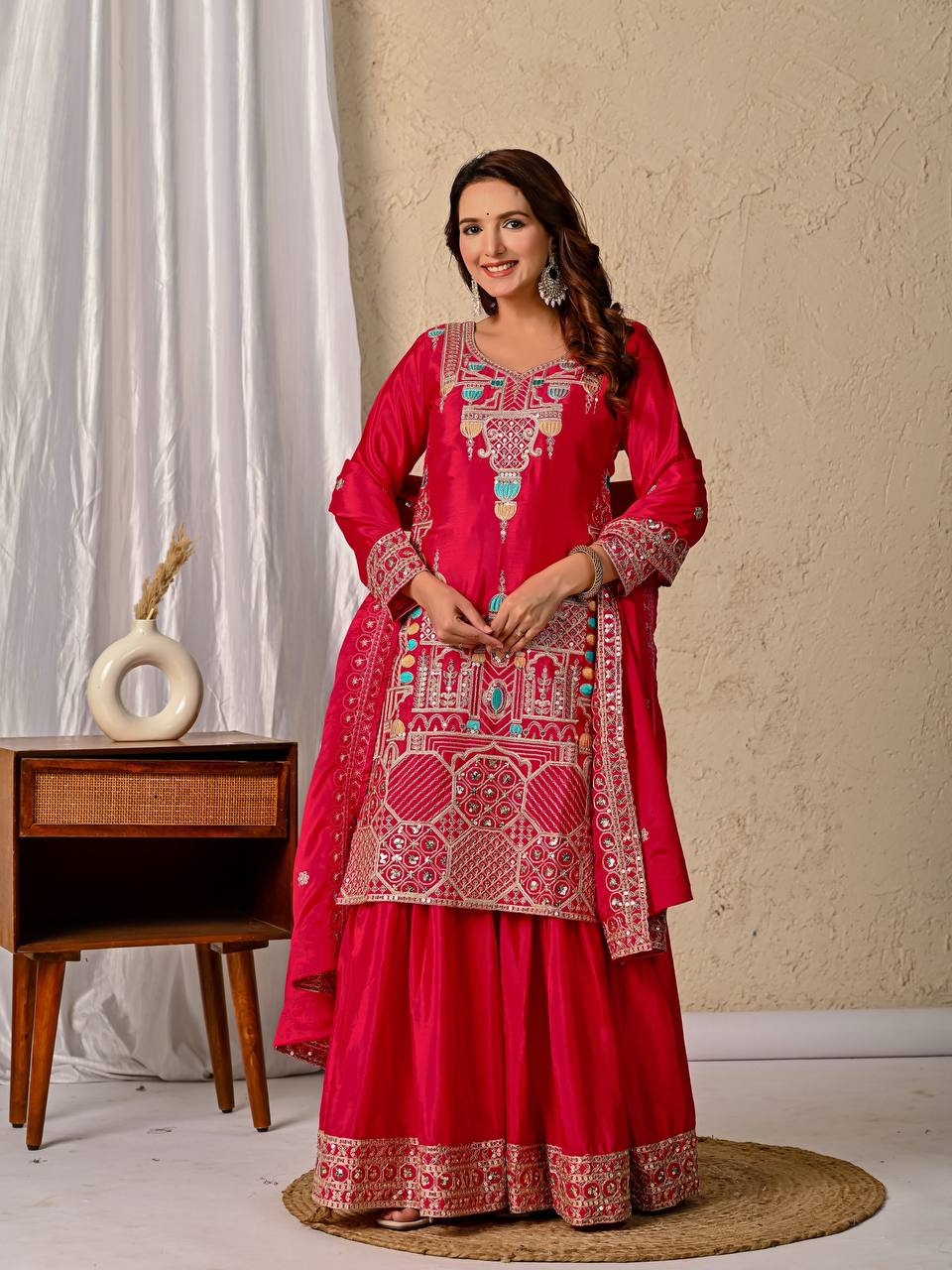 Party Wear Red Color Chinnon Silk With  Sequence Embroidery Work Sharara Suit