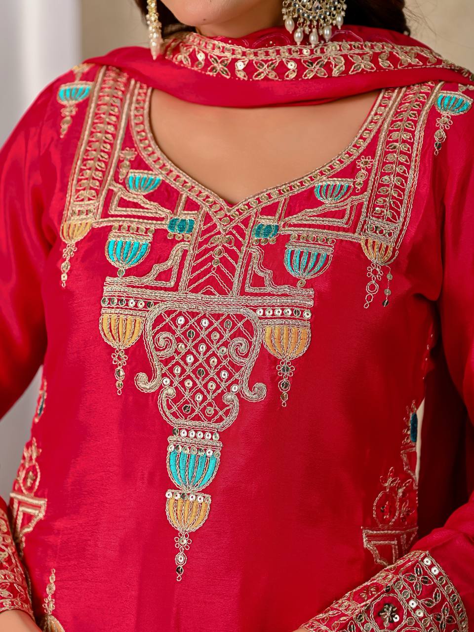 Party Wear Red Color Chinnon Silk With  Sequence Embroidery Work Sharara Suit