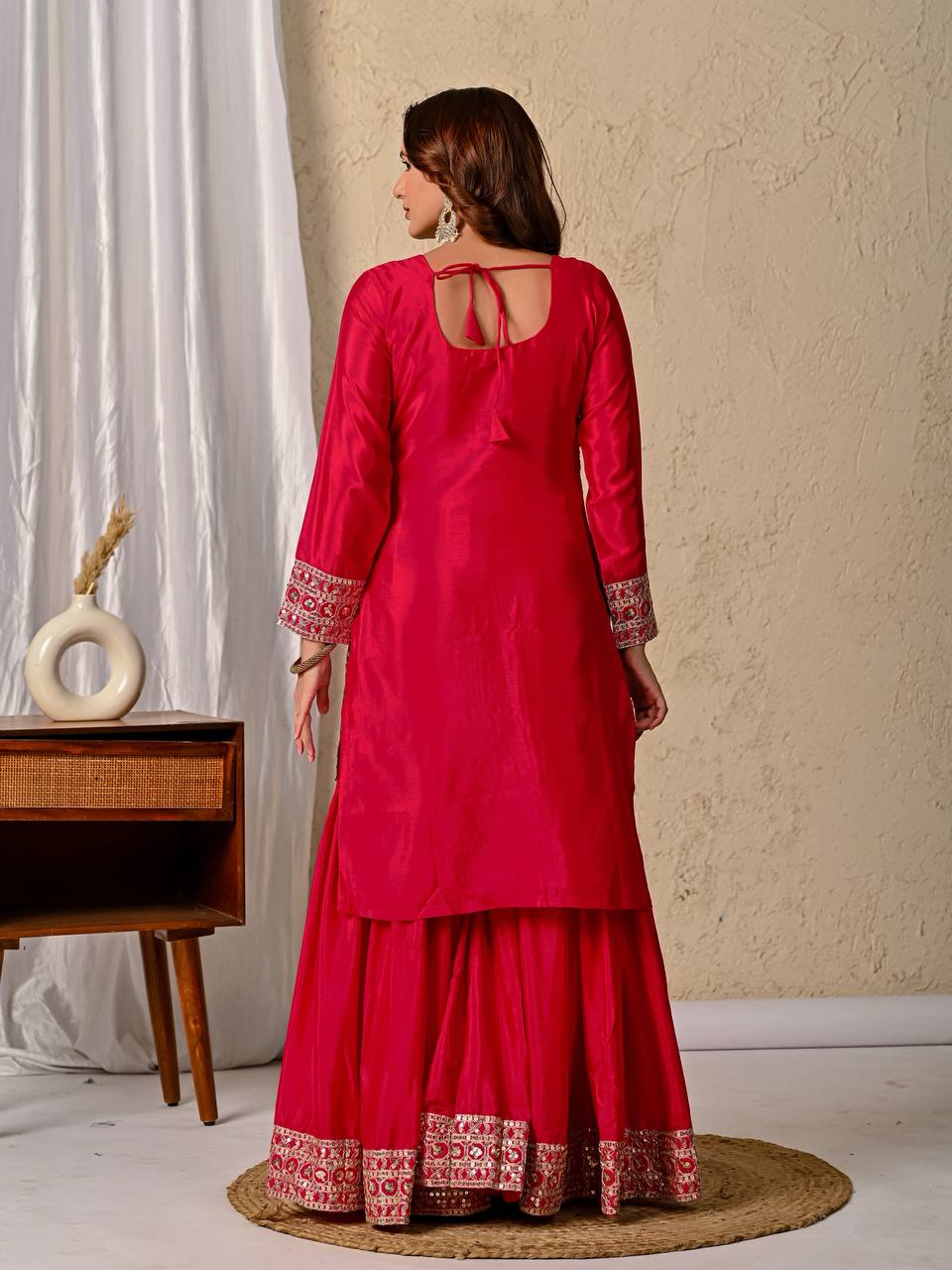 Party Wear Red Color Chinnon Silk With  Sequence Embroidery Work Sharara Suit
