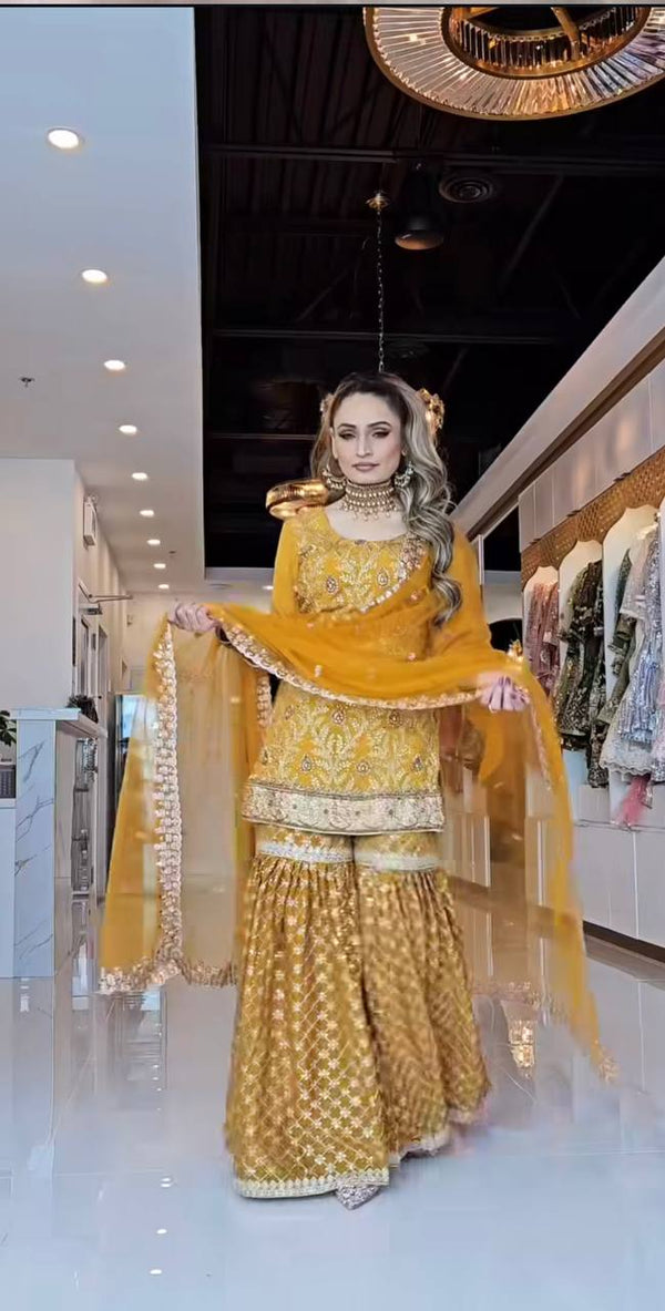 Haldi Special Yellow Color Heavy Chinnon Silk With Sequin Embroidery Work Beautiful Sharara Suit