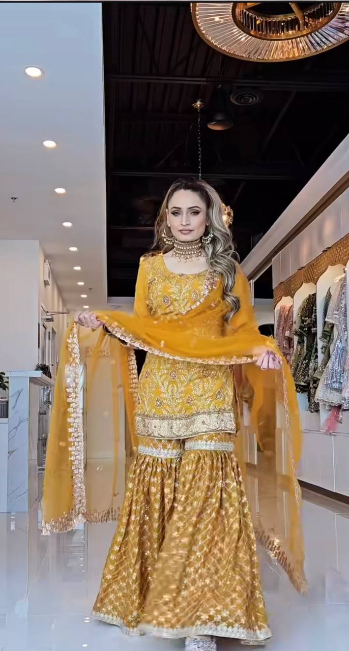 Haldi Special Yellow Color Heavy Chinnon Silk With Sequin Embroidery Work Beautiful Sharara Suit