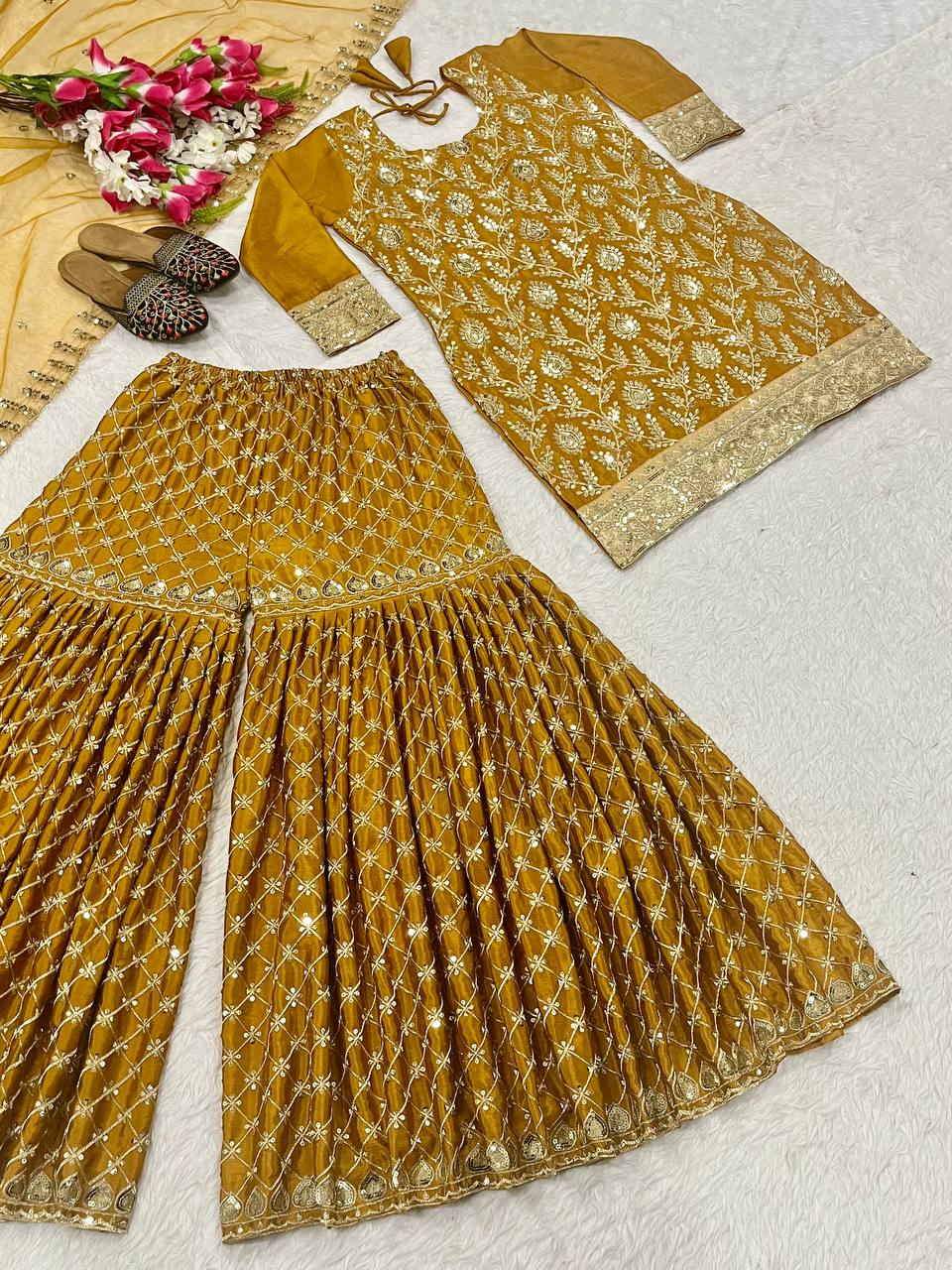 Haldi Special Yellow Color Heavy Chinnon Silk With Sequin Embroidery Work Beautiful Sharara Suit