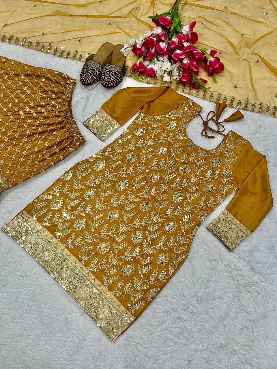 Haldi Special Yellow Color Heavy Chinnon Silk With Sequin Embroidery Work Beautiful Sharara Suit