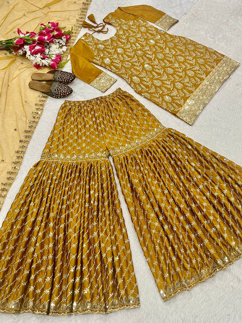 Haldi Special Yellow Color Heavy Chinnon Silk With Sequin Embroidery Work Beautiful Sharara Suit