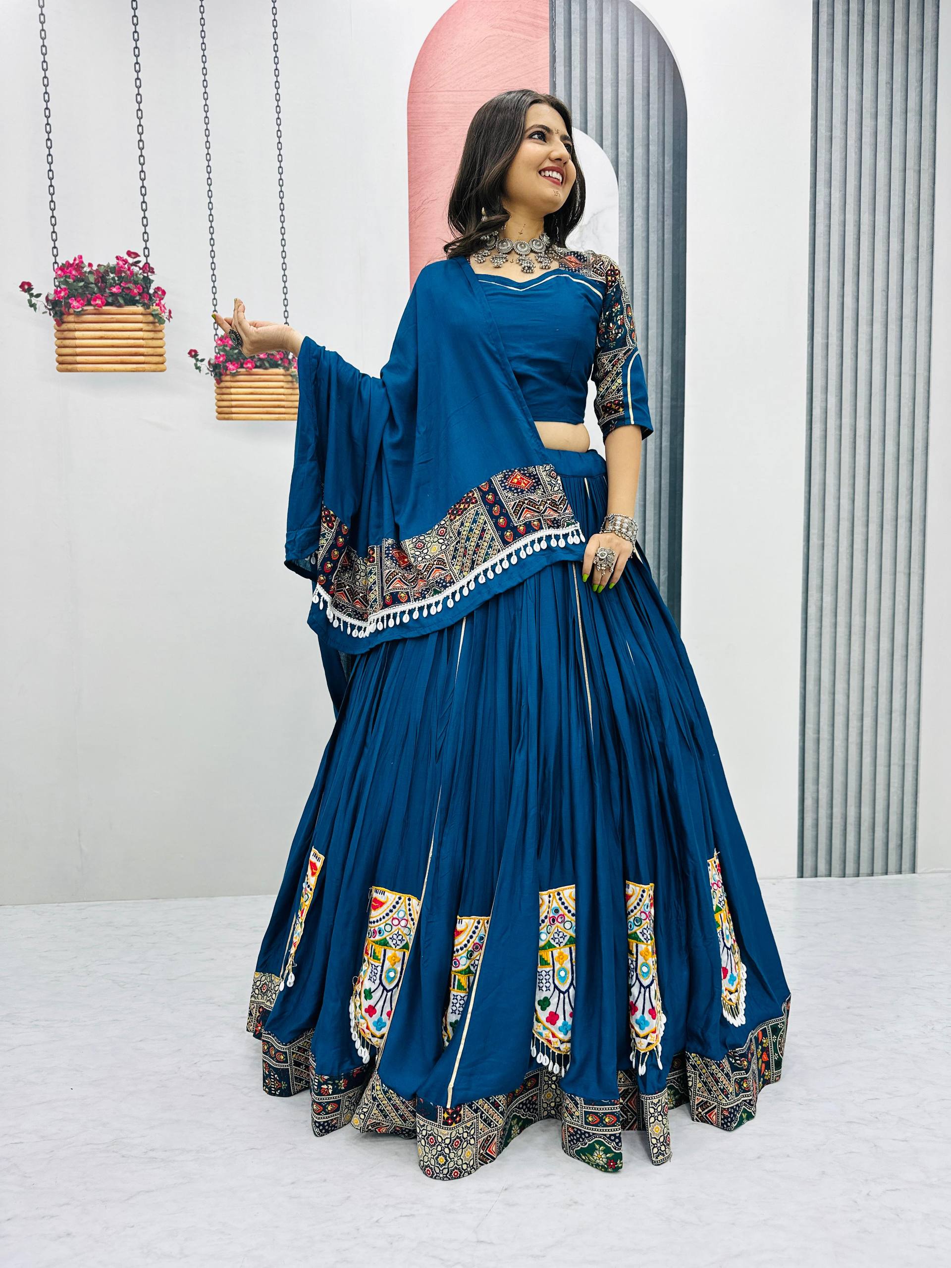 Navratri Special Blue Color Gamthi Embroidery Work WIth Pure Cotton Lehenga Choli Set