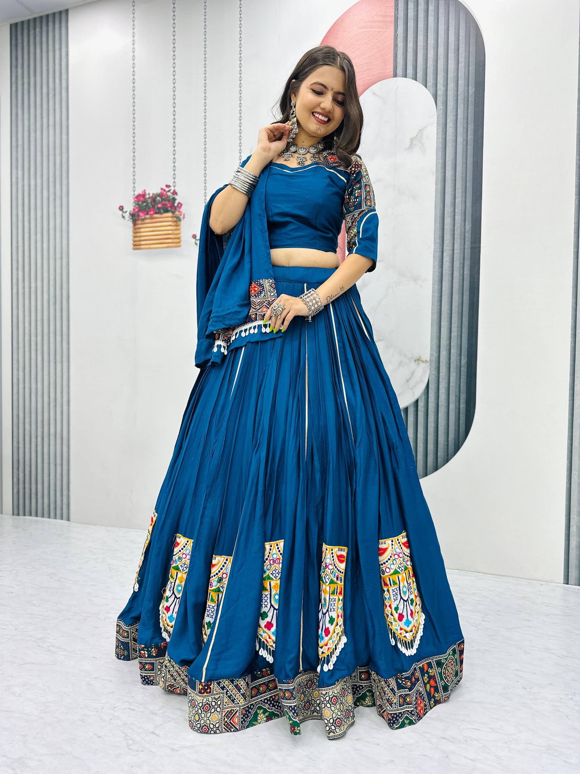Navratri Special Blue Color Gamthi Embroidery Work WIth Pure Cotton Lehenga Choli Set