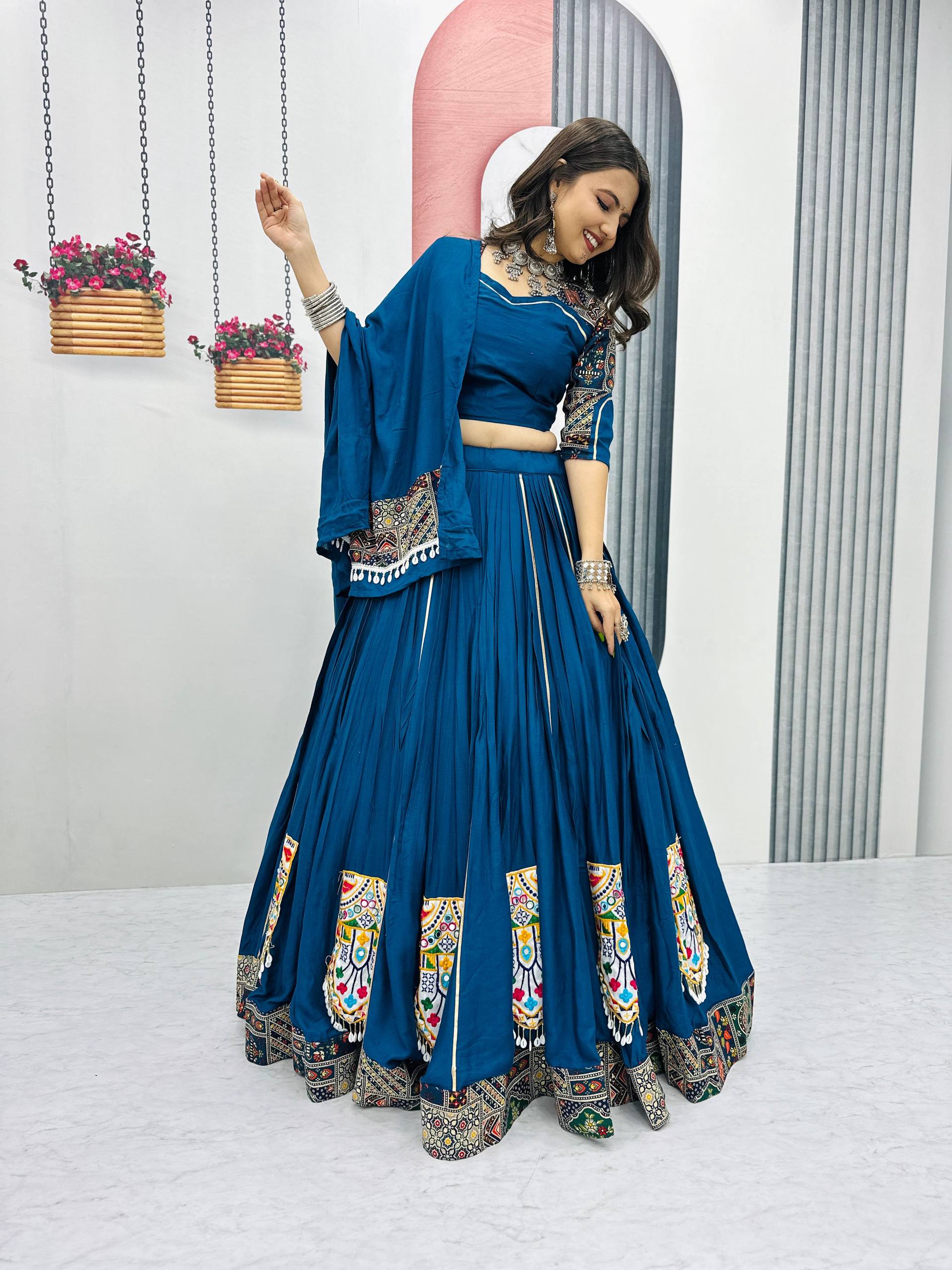 Navratri Special Blue Color Gamthi Embroidery Work WIth Pure Cotton Lehenga Choli Set