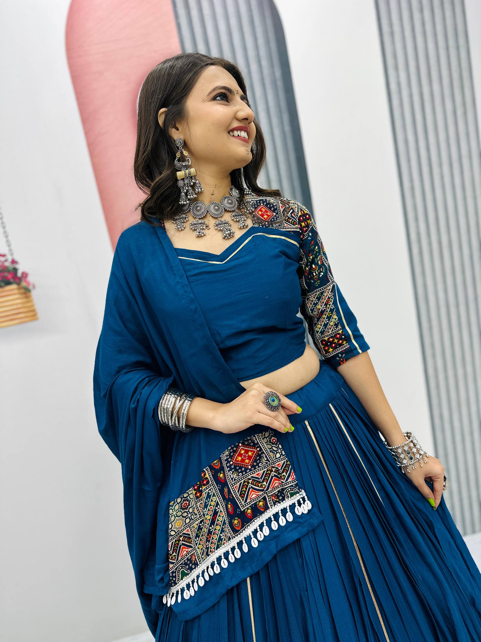 Navratri Special Blue Color Gamthi Embroidery Work WIth Pure Cotton Lehenga Choli Set