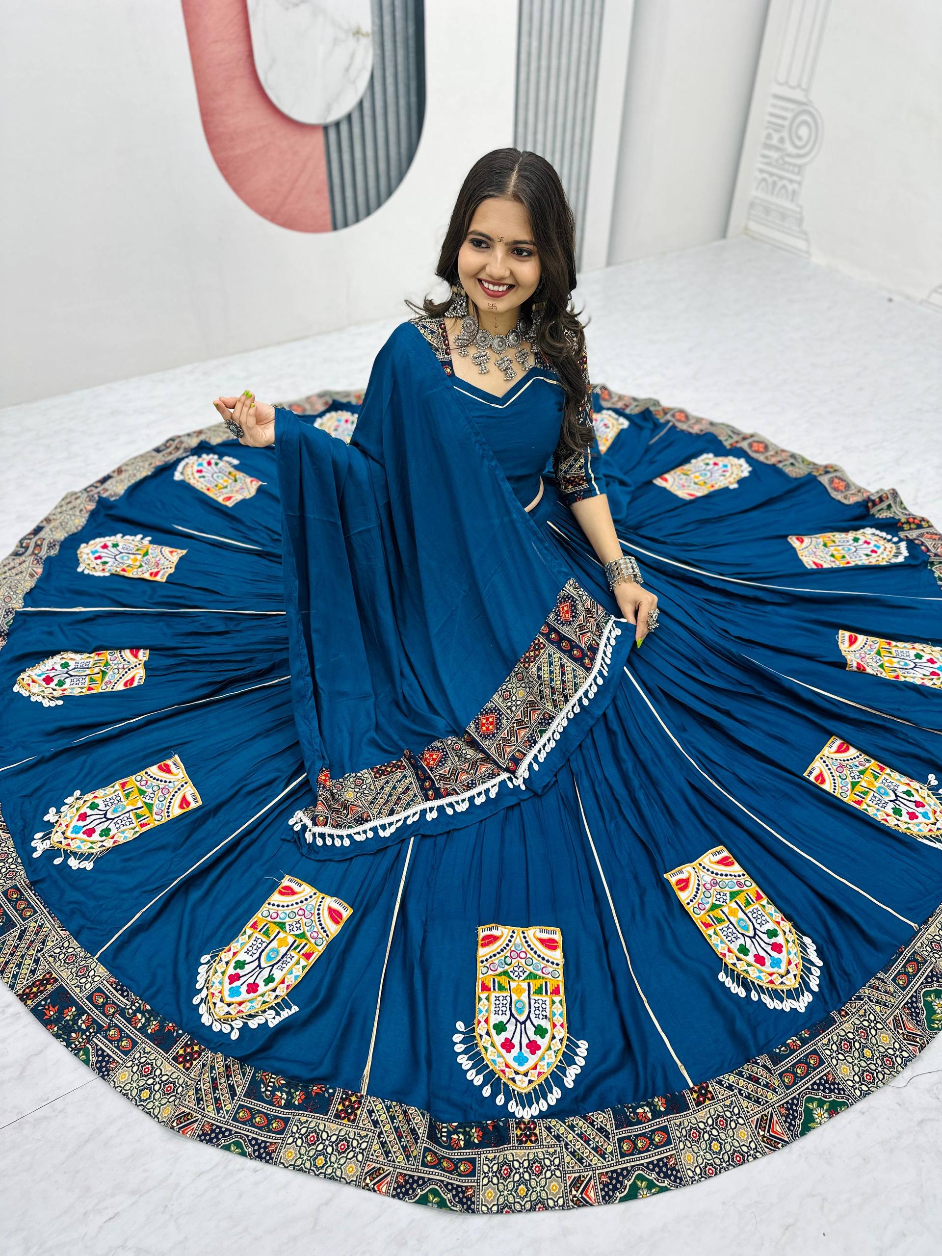Navratri Special Blue Color Gamthi Embroidery Work WIth Pure Cotton Lehenga Choli Set