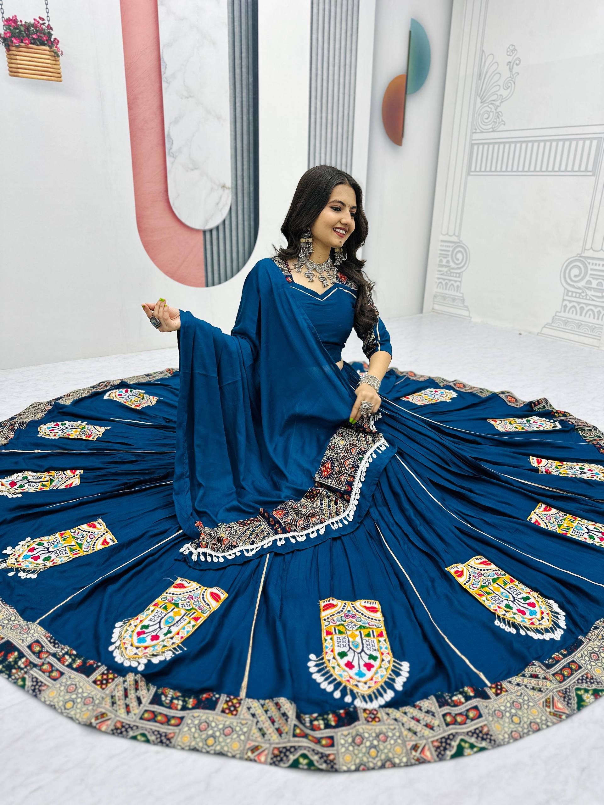 Navratri Special Blue Color Gamthi Embroidery Work WIth Pure Cotton Lehenga Choli Set