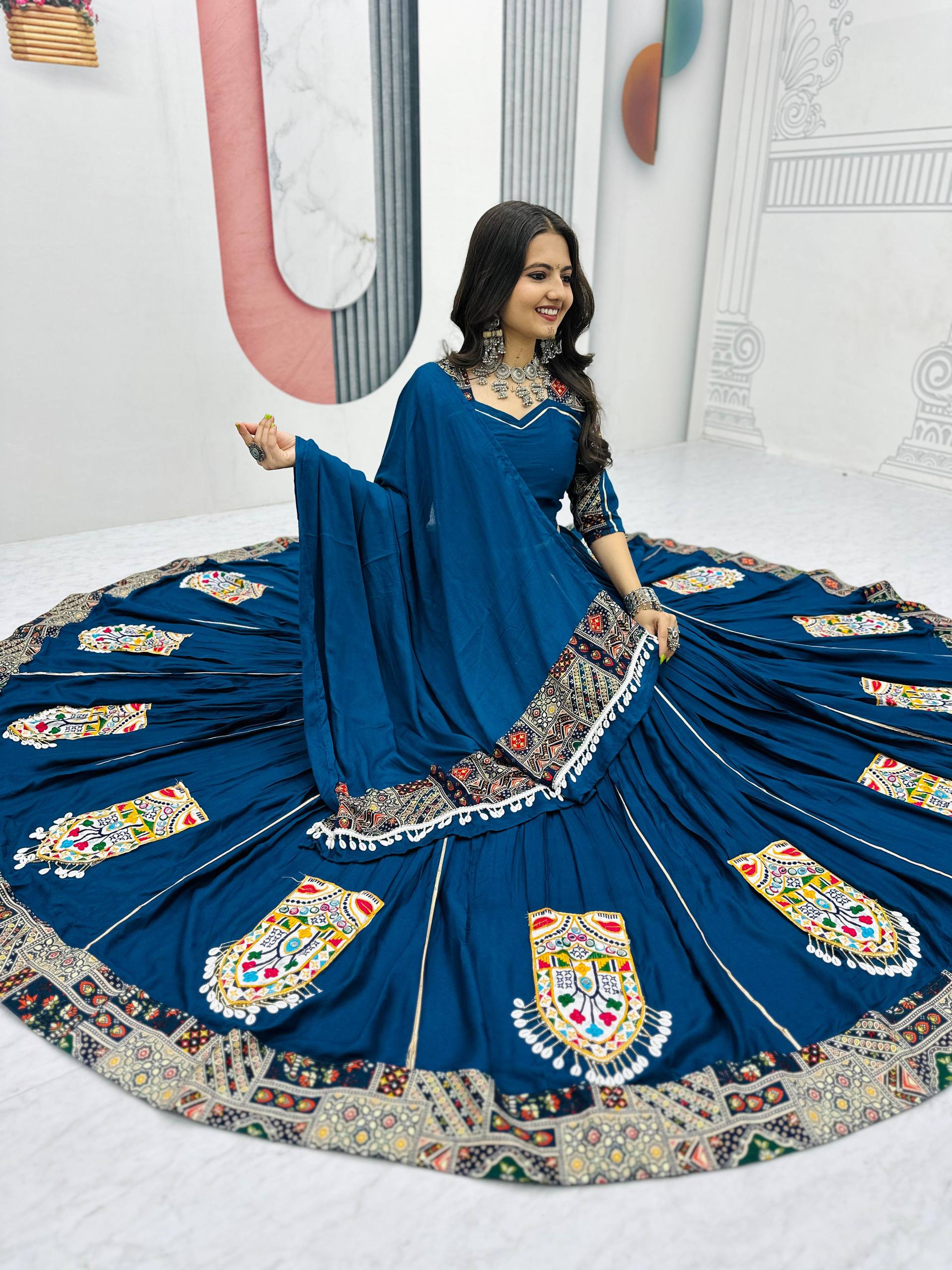 Navratri Special Blue Color Gamthi Embroidery Work WIth Pure Cotton Lehenga Choli Set