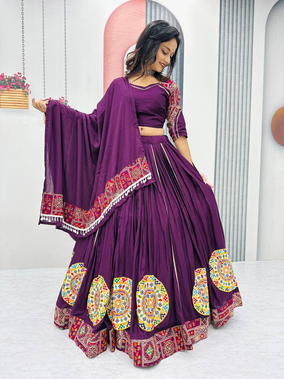 Navratri Special Wine Color Gamthi Embroidery Work WIth Pure Cotton Lehenga Choli Set