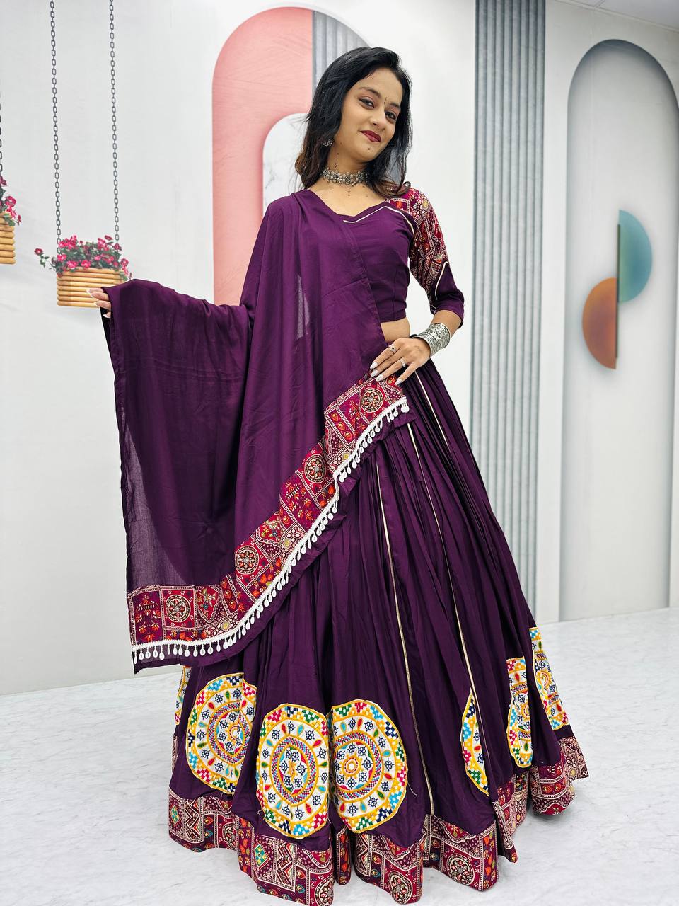 Navratri Special Wine Color Gamthi Embroidery Work WIth Pure Cotton Lehenga Choli Set