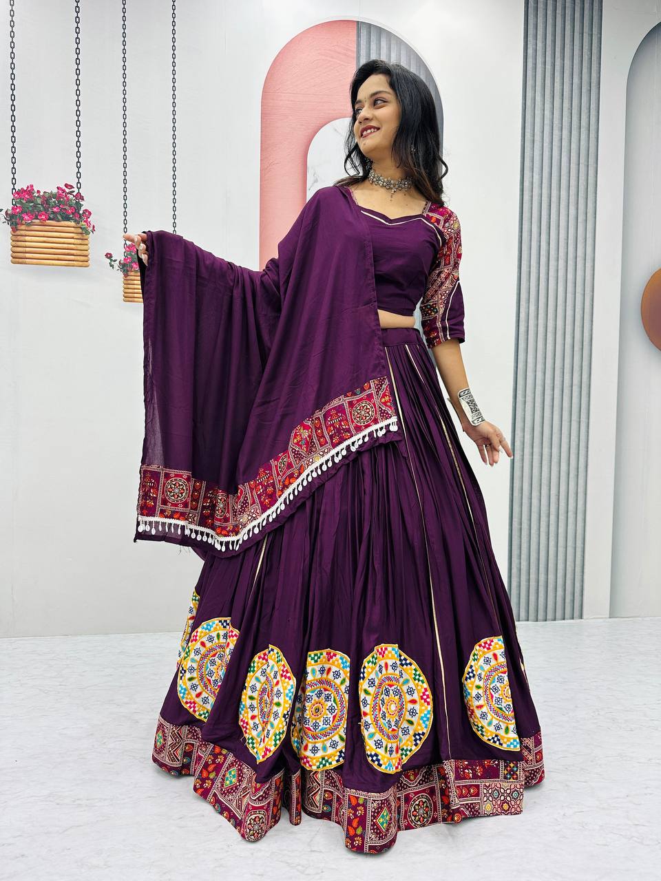 Navratri Special Wine Color Gamthi Embroidery Work WIth Pure Cotton Lehenga Choli Set