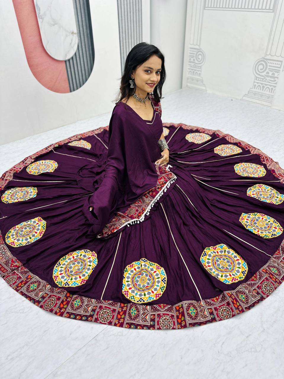 Navratri Special Wine Color Gamthi Embroidery Work WIth Pure Cotton Lehenga Choli Set