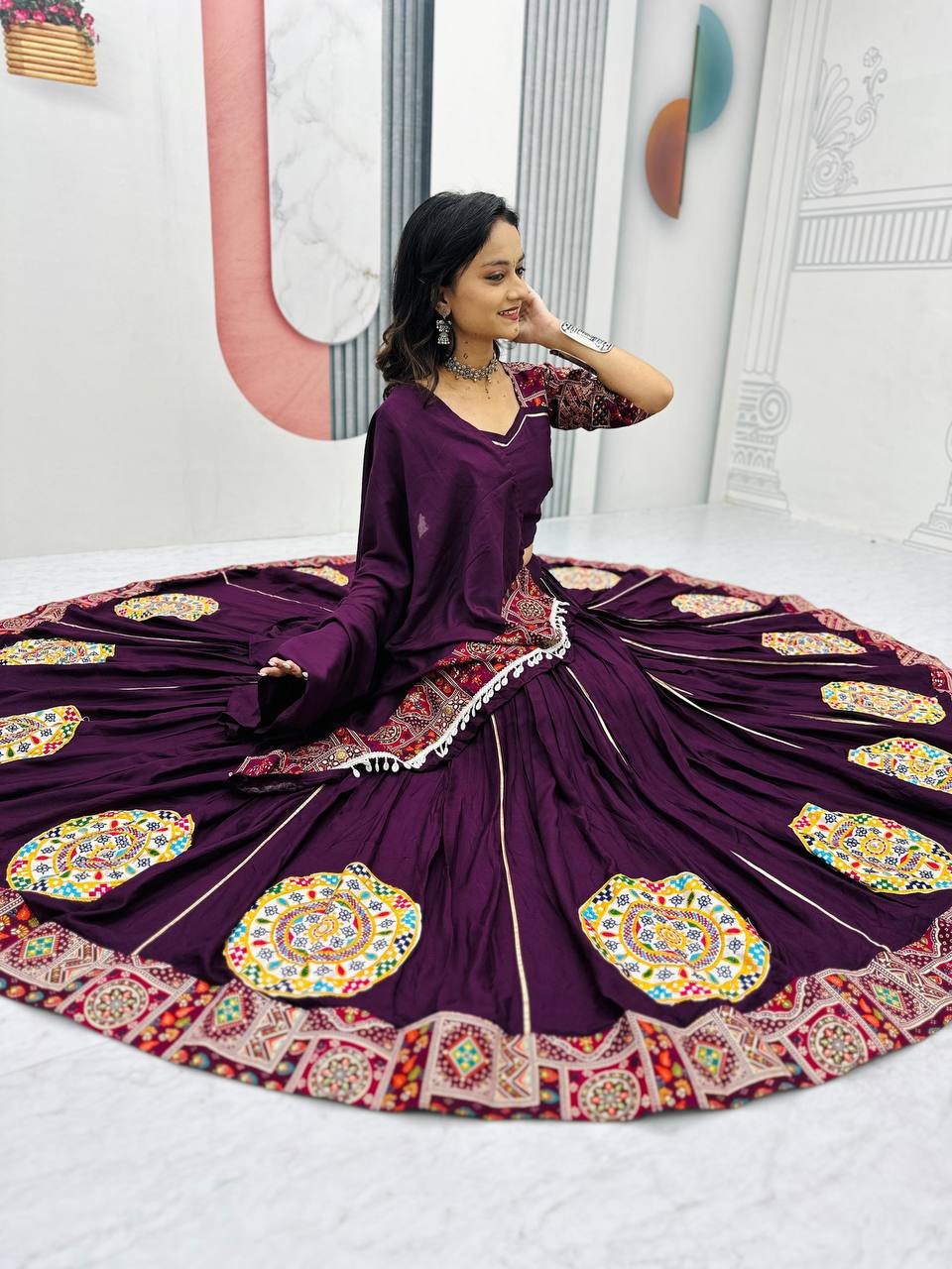 Navratri Special Wine Color Gamthi Embroidery Work WIth Pure Cotton Lehenga Choli Set