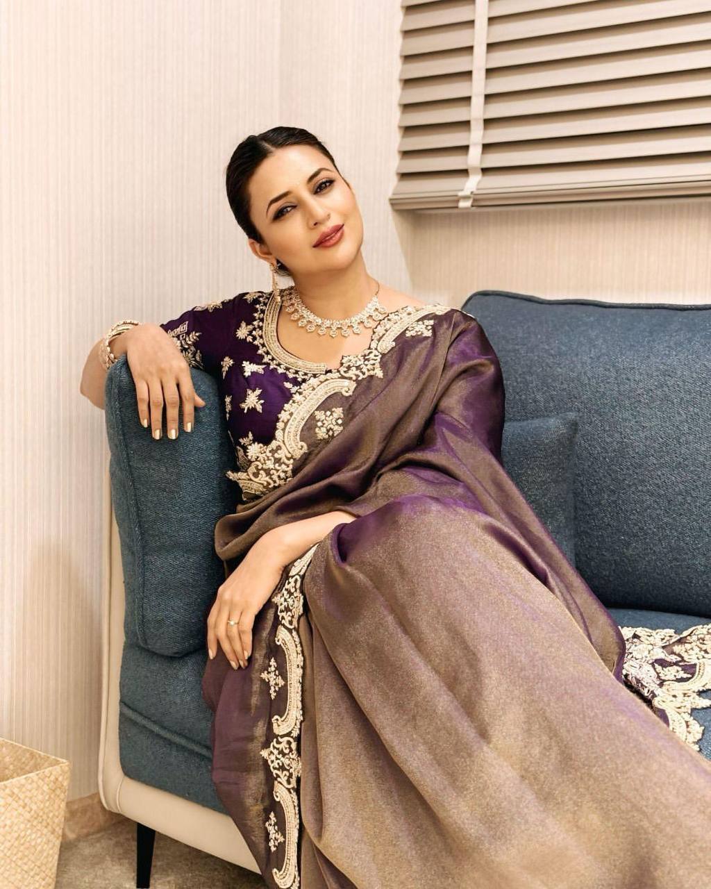 Celebrity Wear Soft Copper Gold Weave Silk Beautiful Sequins And Zari Embroidery Work Bollywood Saree