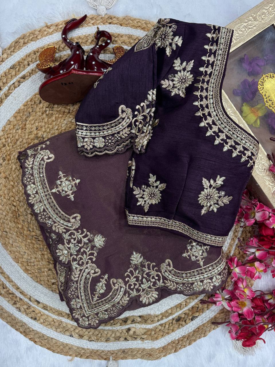 Celebrity Wear Soft Copper Gold Weave Silk Beautiful Sequins And Zari Embroidery Work Bollywood Saree