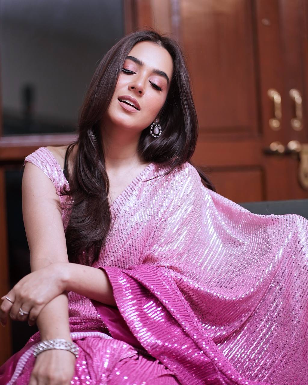 Dual Pink Shaded Georgette Beautiful Sequin Embroidery Work Party Wear Saree