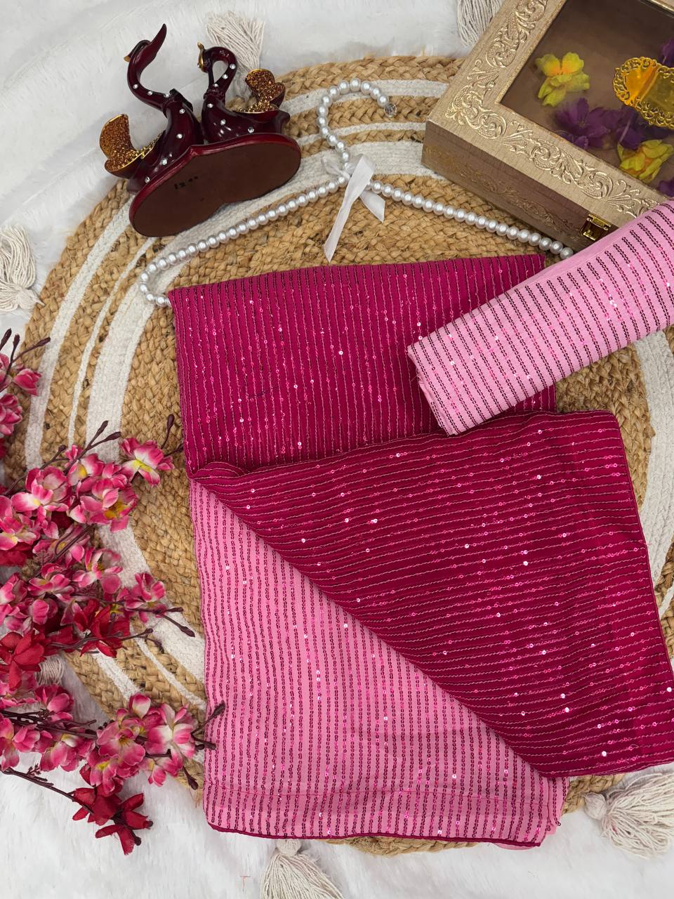 Dual Pink Shaded Georgette Beautiful Sequin Embroidery Work Party Wear Saree