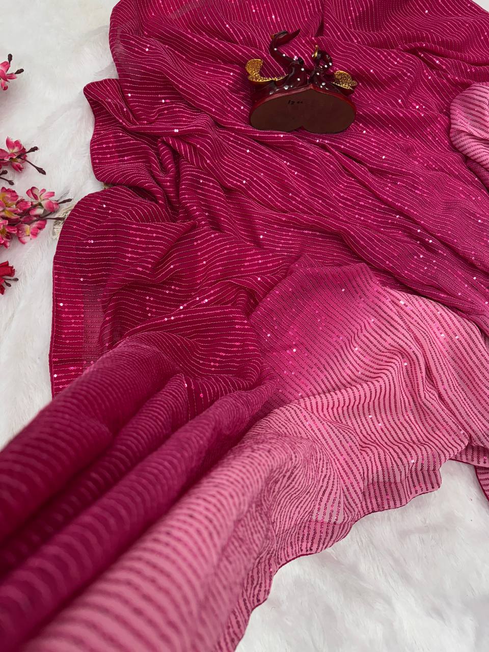 Dual Pink Shaded Georgette Beautiful Sequin Embroidery Work Party Wear Saree
