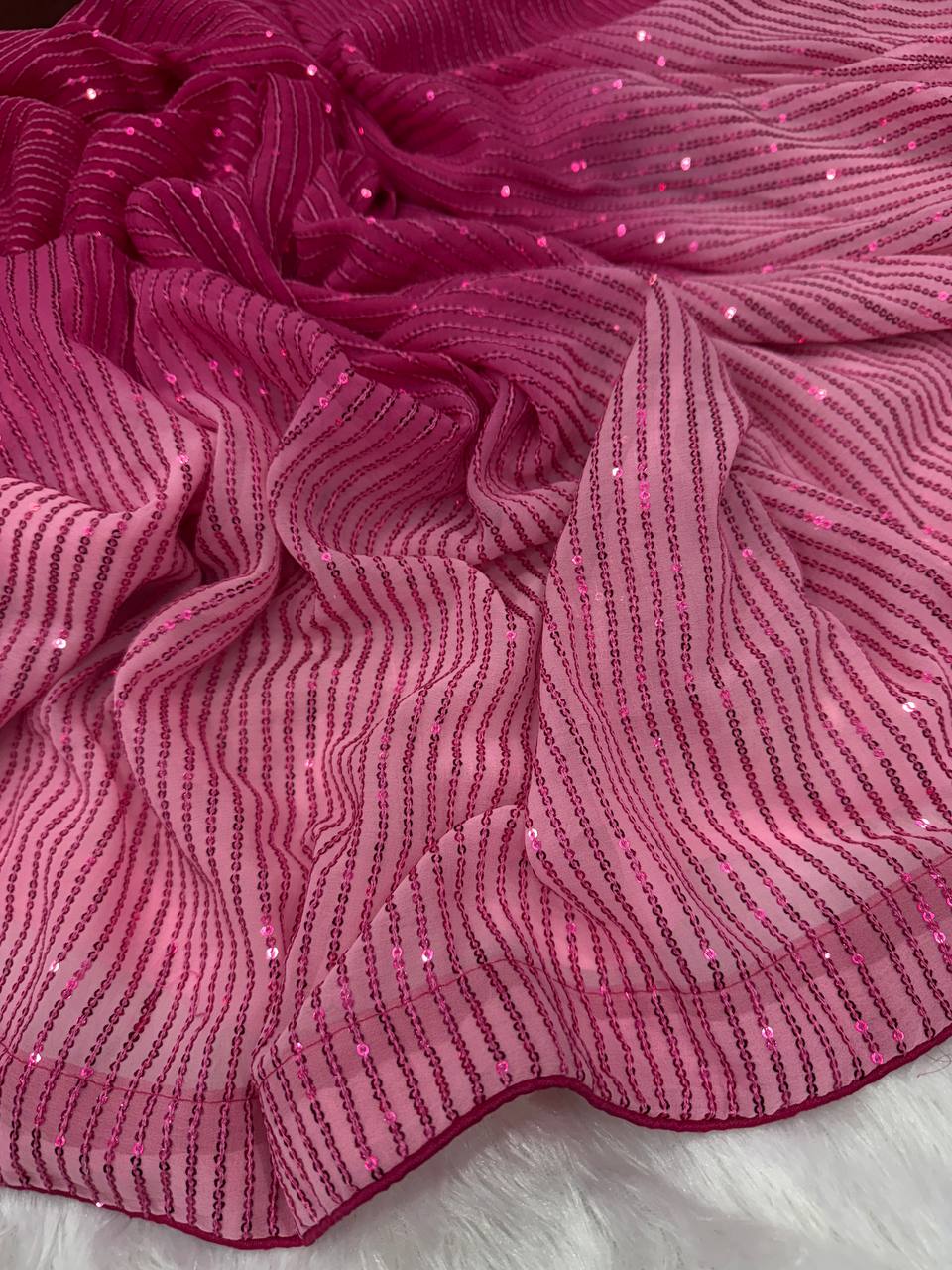 Dual Pink Shaded Georgette Beautiful Sequin Embroidery Work Party Wear Saree