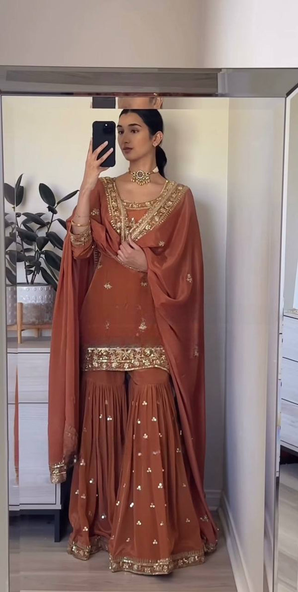 Party Wear Brown Color Heavy Embroidered Work Sharara Suit With Dupatta