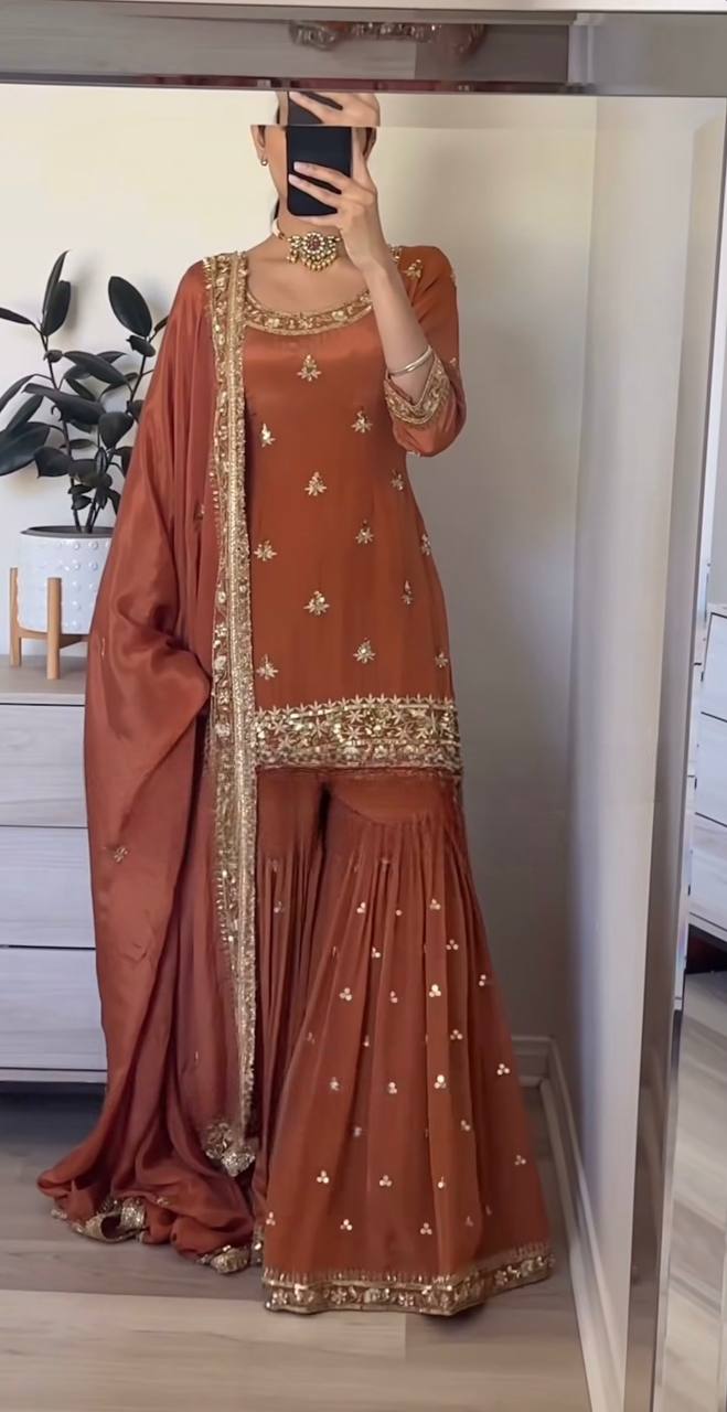 Party Wear Brown Color Heavy Embroidered Work Sharara Suit With Dupatta