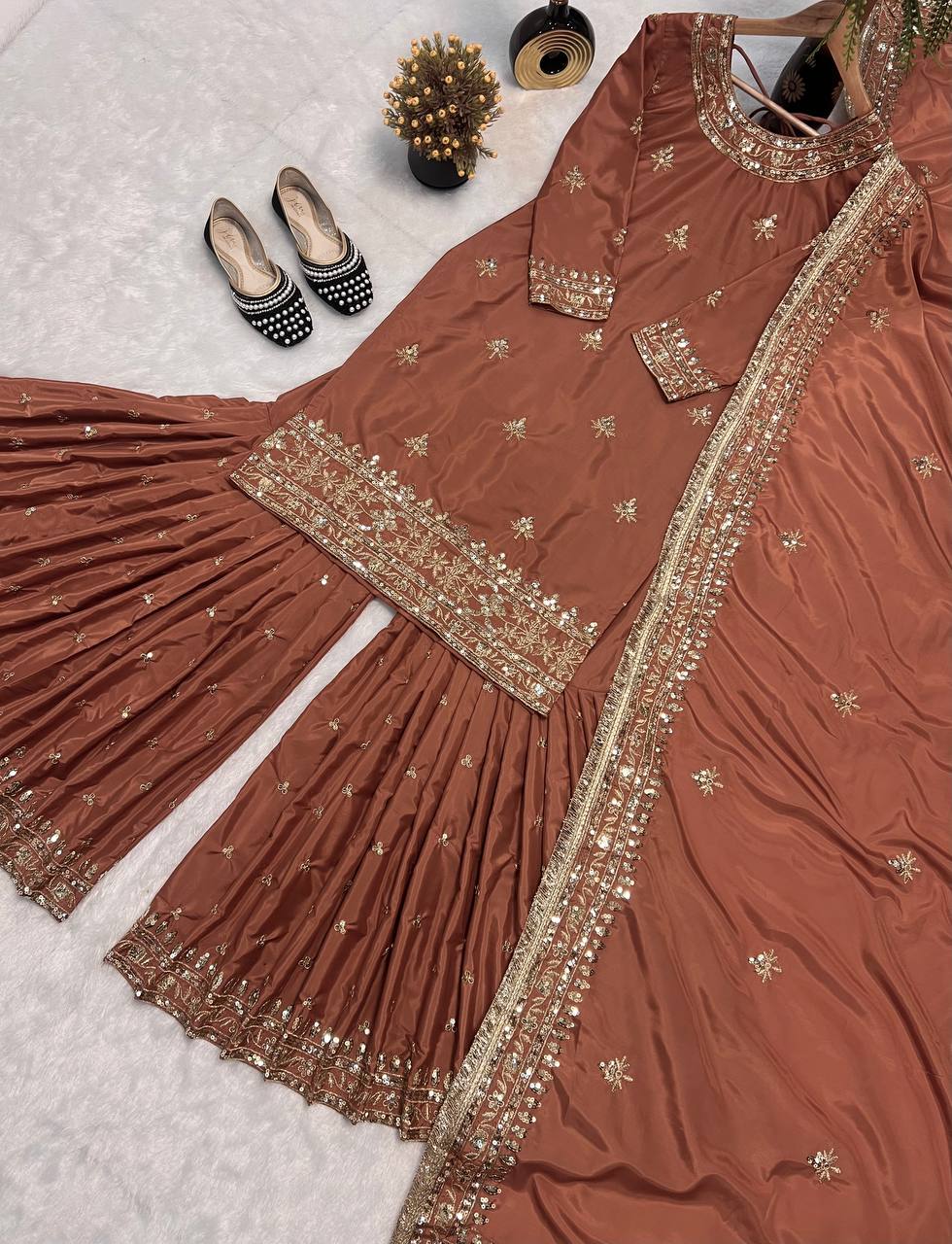 Party Wear Brown Color Heavy Embroidered Work Sharara Suit With Dupatta