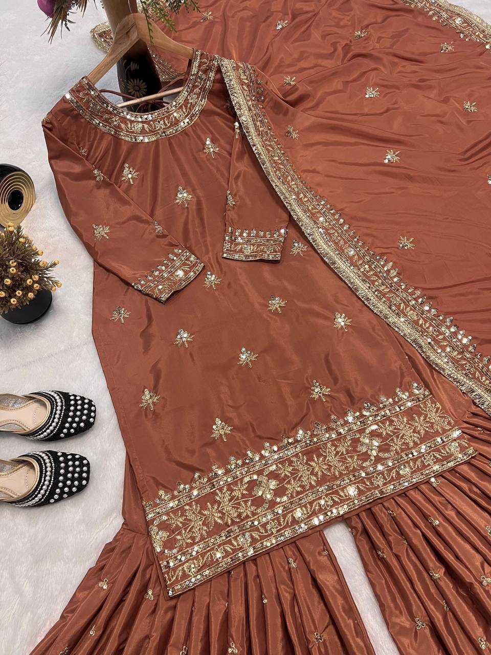 Party Wear Brown Color Heavy Embroidered Work Sharara Suit With Dupatta