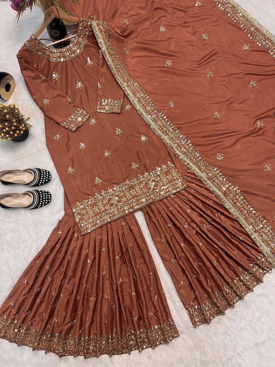 Party Wear Brown Color Heavy Embroidered Work Sharara Suit With Dupatta