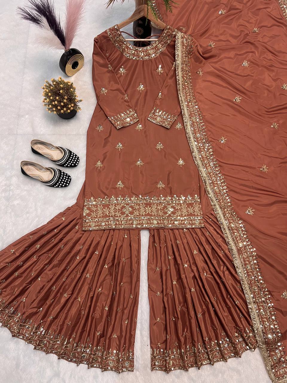 Party Wear Brown Color Heavy Embroidered Work Sharara Suit With Dupatta
