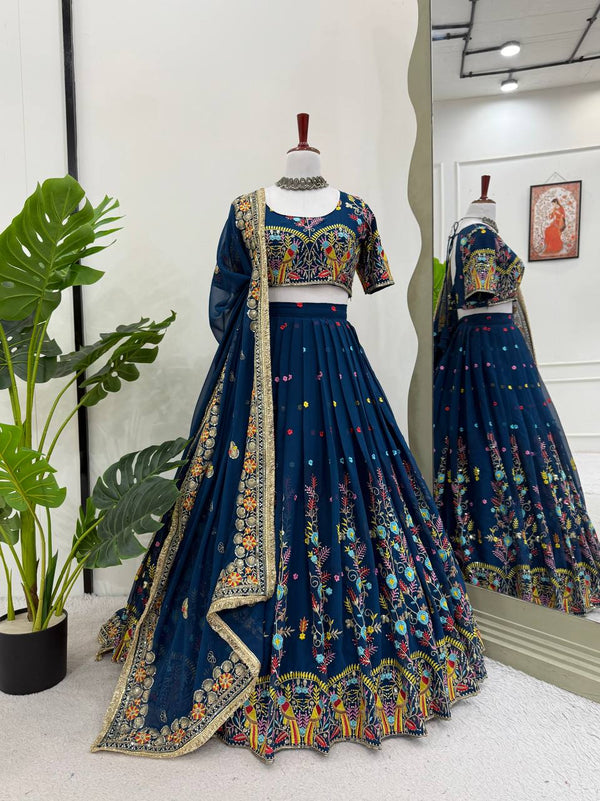 Wedding Wear Navy Blue Color Faux Georgette Thread And Sequin Embroidery Work Beautiful Lehenga Choli