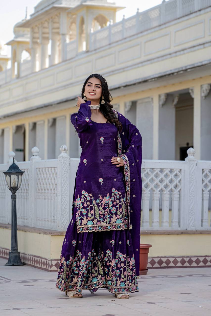 Festival Wear Purple Color Gold Crush With  Sequins Heavy Embroidery Work Beautiful Kurti Plazzo Dupatta Set