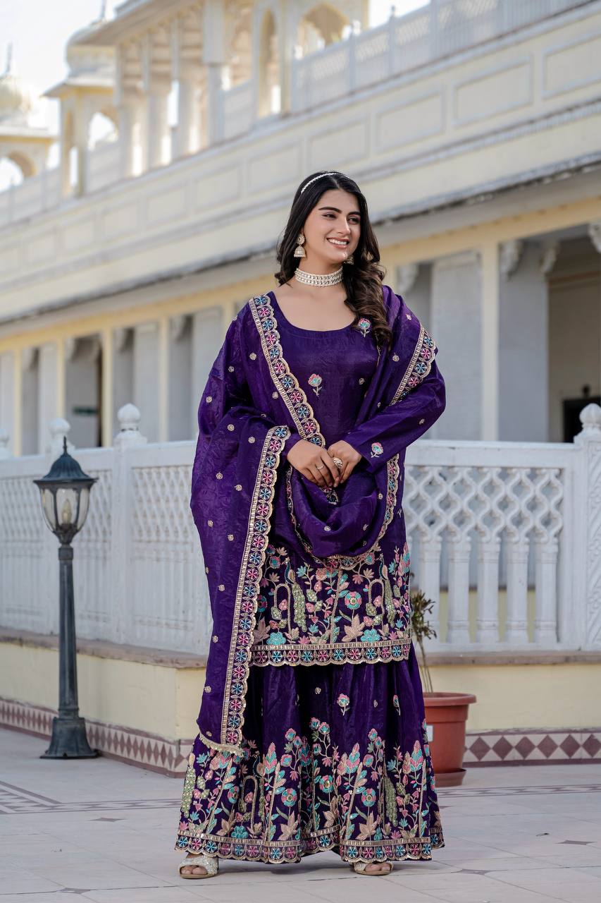 Festival Wear Purple Color Gold Crush With  Sequins Heavy Embroidery Work Beautiful Kurti Plazzo Dupatta Set