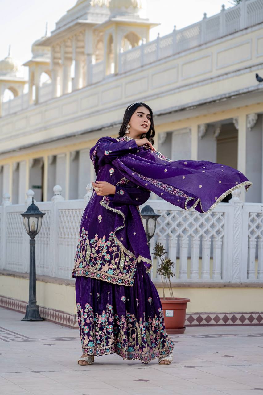 Festival Wear Purple Color Gold Crush With  Sequins Heavy Embroidery Work Beautiful Kurti Plazzo Dupatta Set