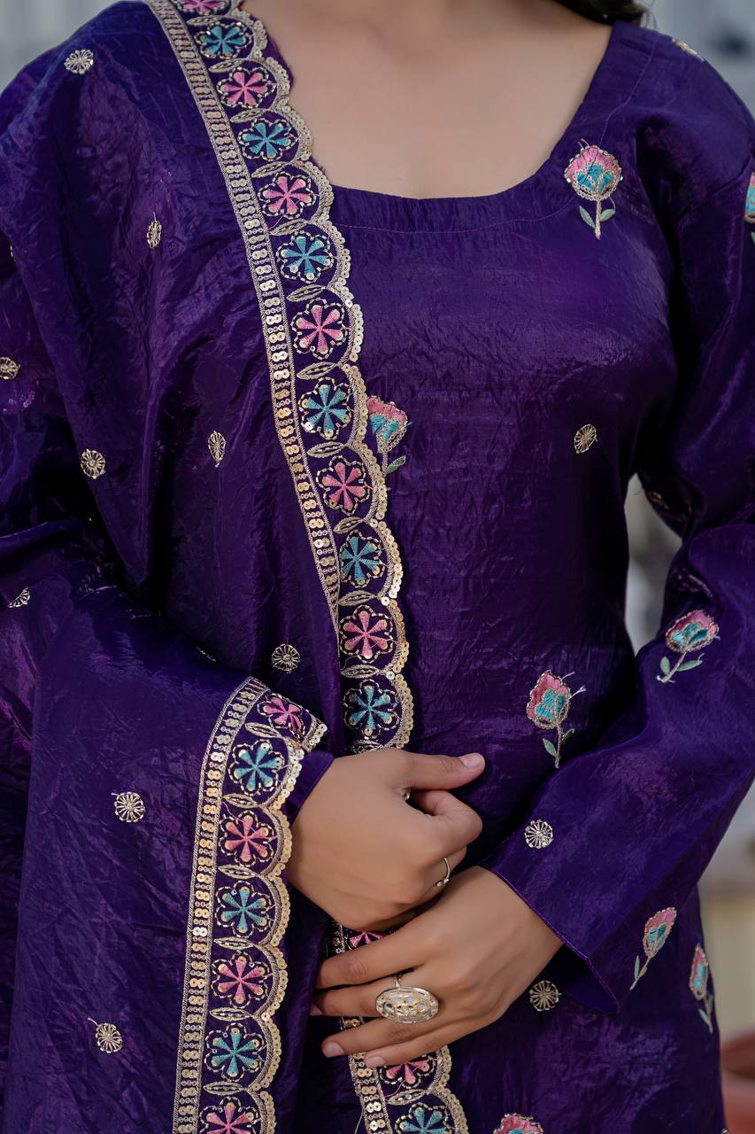 Festival Wear Purple Color Gold Crush With  Sequins Heavy Embroidery Work Beautiful Kurti Plazzo Dupatta Set