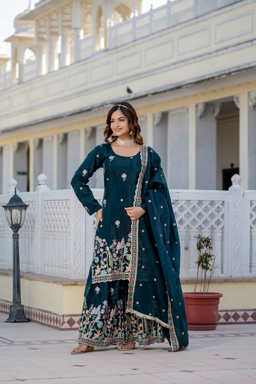 Function Wear Teal Color Gold Crush With Sequins Heavy Embroidery Work Beautiful Kurti Plazzo Dupatta Set