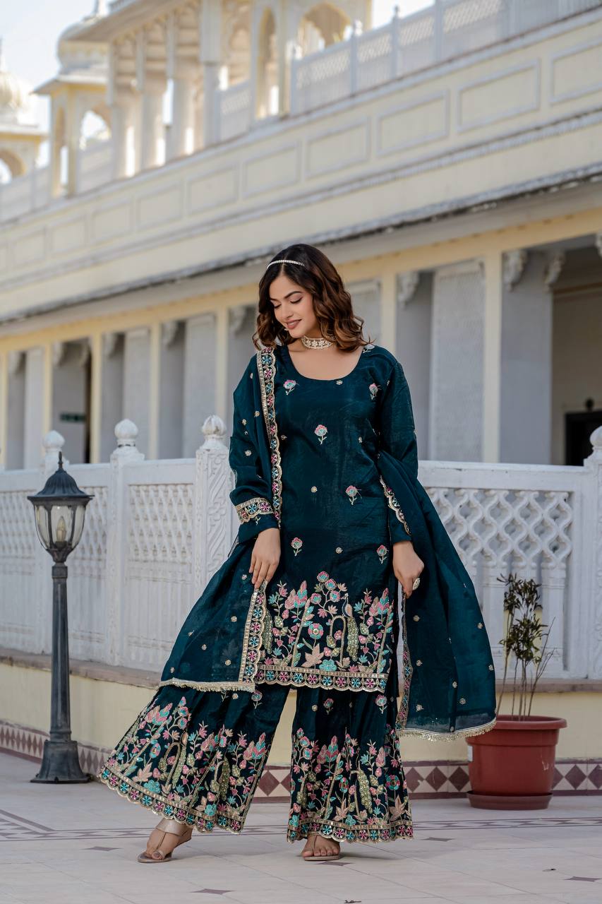 Function Wear Teal Color Gold Crush With Sequins Heavy Embroidery Work Beautiful Kurti Plazzo Dupatta Set