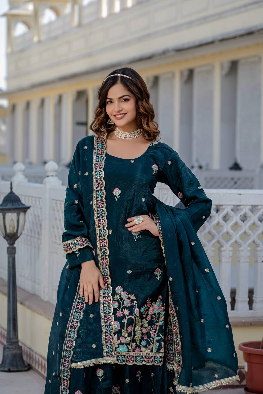 Function Wear Teal Color Gold Crush With Sequins Heavy Embroidery Work Beautiful Kurti Plazzo Dupatta Set